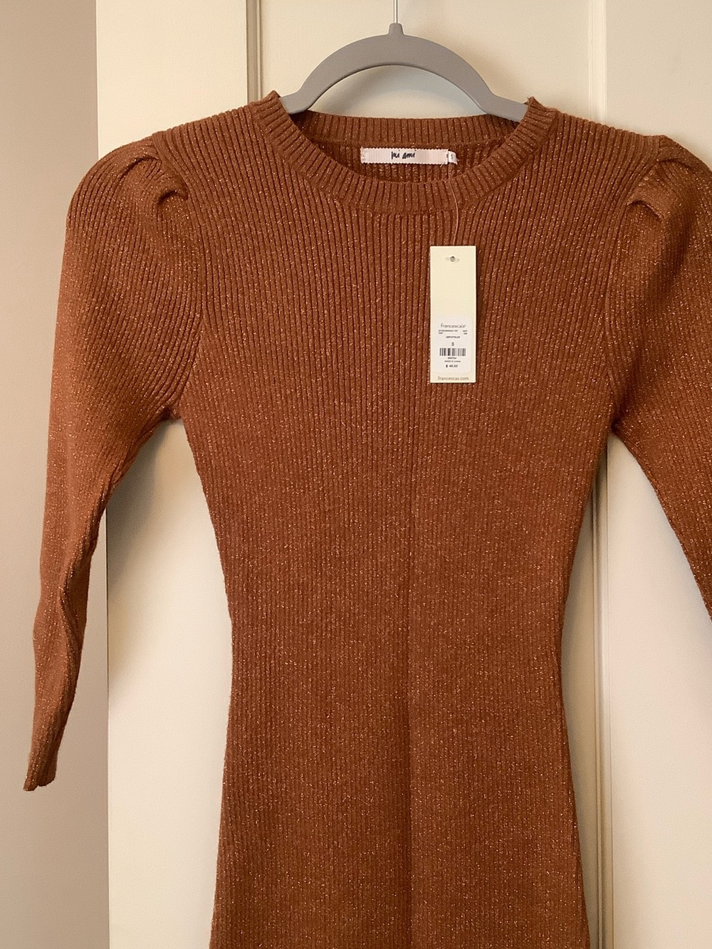 Francesca's Sparkle Rust Brown Ribbed Puff-Sleeve Bodycon Dress - Picture 2 of 7